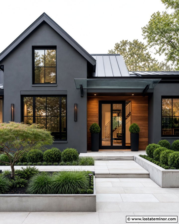 Charcoal Grey Contemporary House With Glass Awning - 30 Charcoal Grey House Design With Awning Ideas