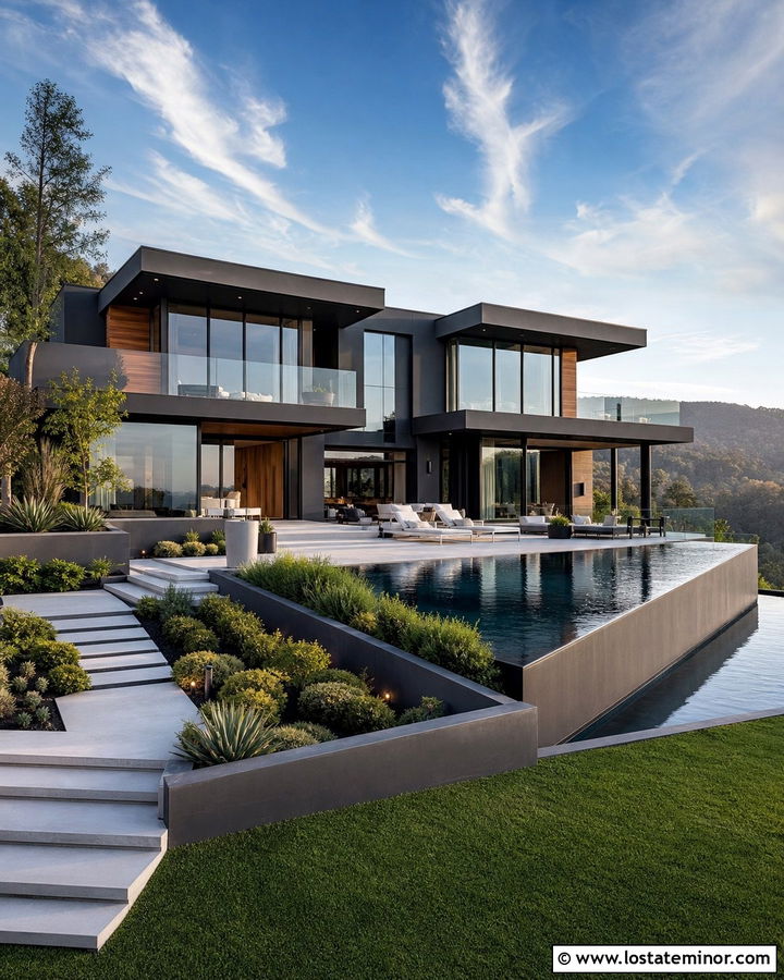 Charcoal Grey Contemporary House With Infinity Pool - 30 Charcoal Grey House Design With Swimming Pool Ideas