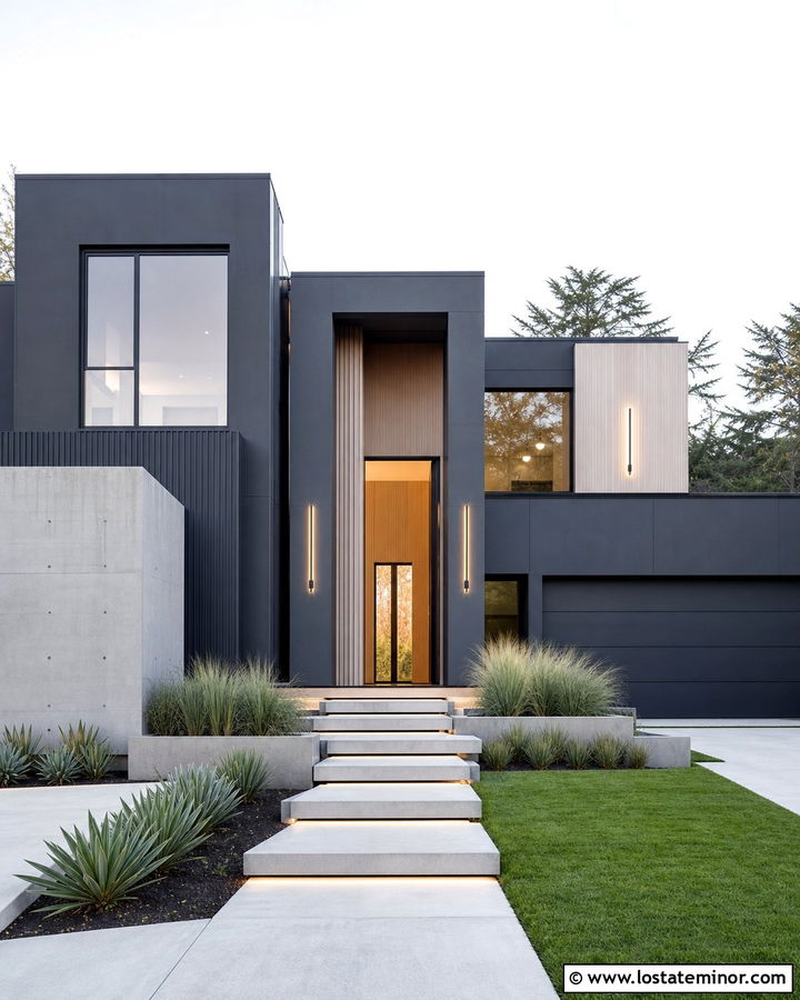 Charcoal Grey Contemporary House With Linear LED Sconces - 30 Charcoal Grey House Design With Light Fixtures Ideas