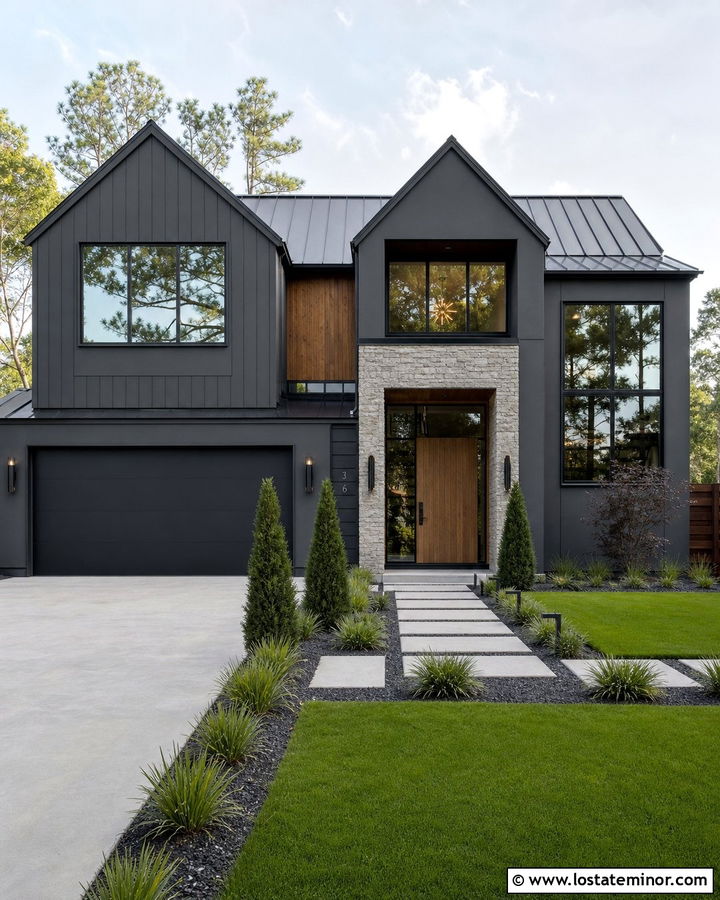 Charcoal Grey Contemporary House With Mixed Gables - 30 Charcoal Grey House Design With Gables Ideas