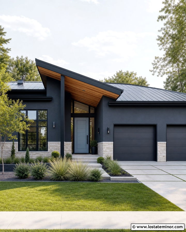 Charcoal Grey Contemporary House With Shed Portico - 30 Charcoal Grey House Design With Portico Ideas