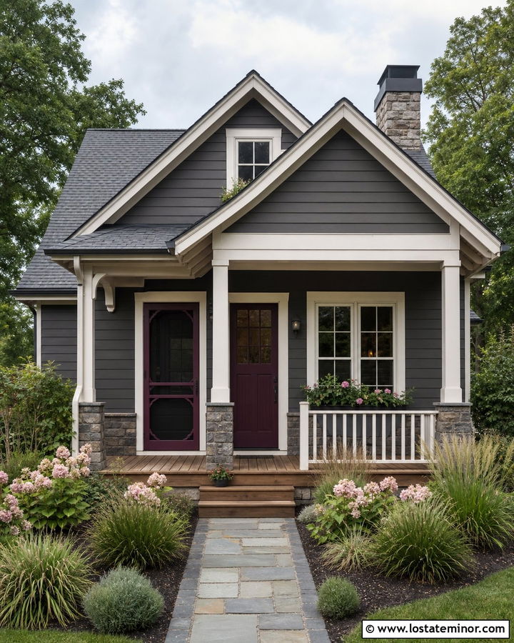 Charcoal Grey Cottage House With Plum Screen Door - 30 Charcoal Grey House Design With Screen Door Ideas