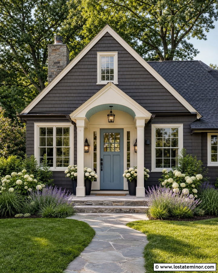 Charcoal Grey Cottage With Blue Door Portico - 30 Charcoal Grey House Design With Portico Ideas