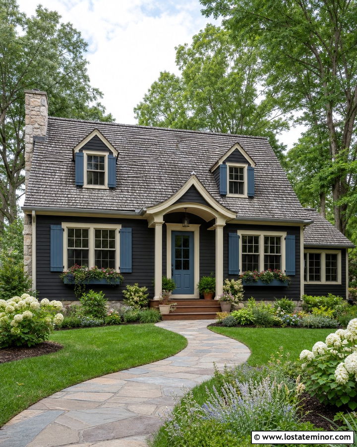 Charcoal Grey Cottage With Blue Shutters - 30 Charcoal Grey House Design With Shutters Ideas