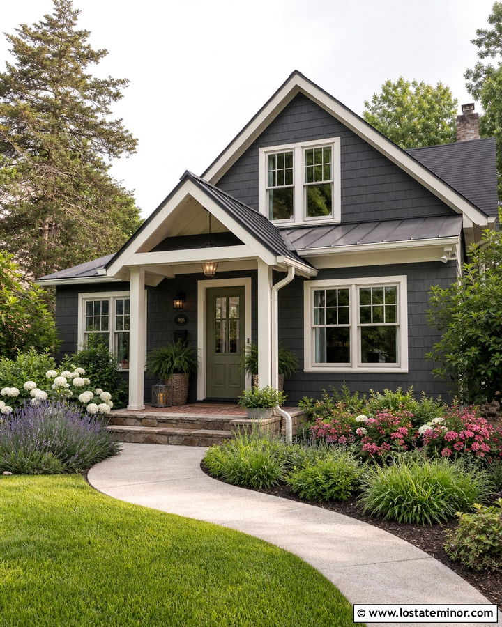 Charcoal Grey Cottage With Front Porch Awning - 30 Charcoal Grey House Design With Awning Ideas