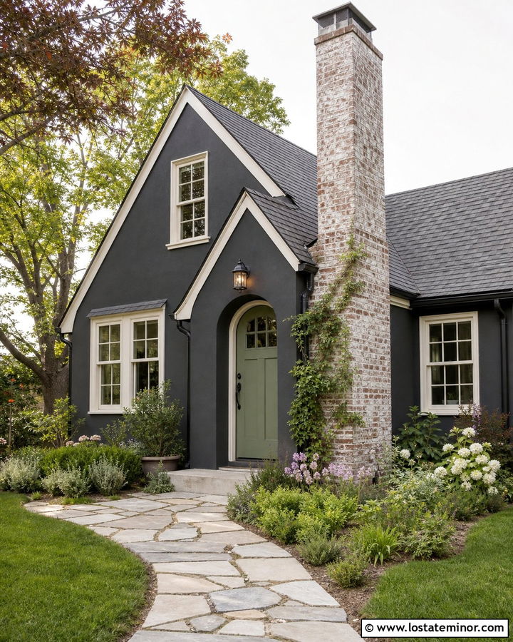 Charcoal Grey Cottage With Limewashed Brick Chimney - 30 Charcoal Grey House Design With Chimney Ideas