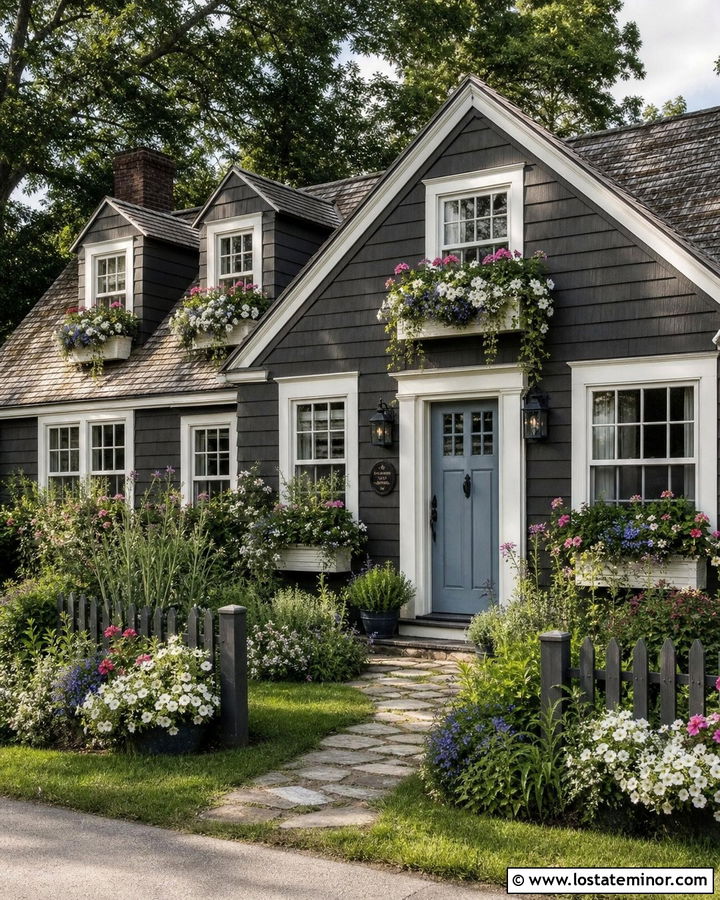 Charcoal Grey Cottage With Overflowing Flower Boxes - 30 Charcoal Grey House Design With Window Boxes Ideas