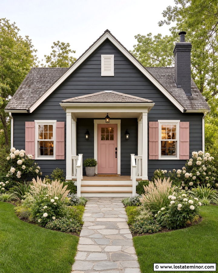 Charcoal Grey Cottage With Pink Shutters - 30 Charcoal Grey House Design With Shutters Ideas