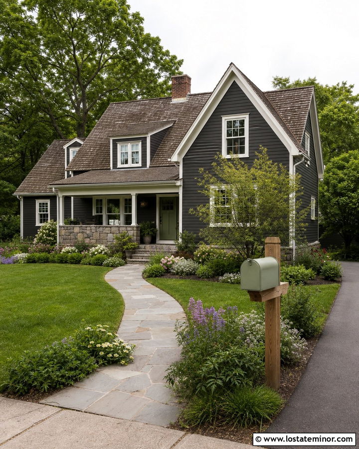 Charcoal Grey Cottage With Sage Green Mailbox - 30 Charcoal Grey House Design With Mailbox Ideas