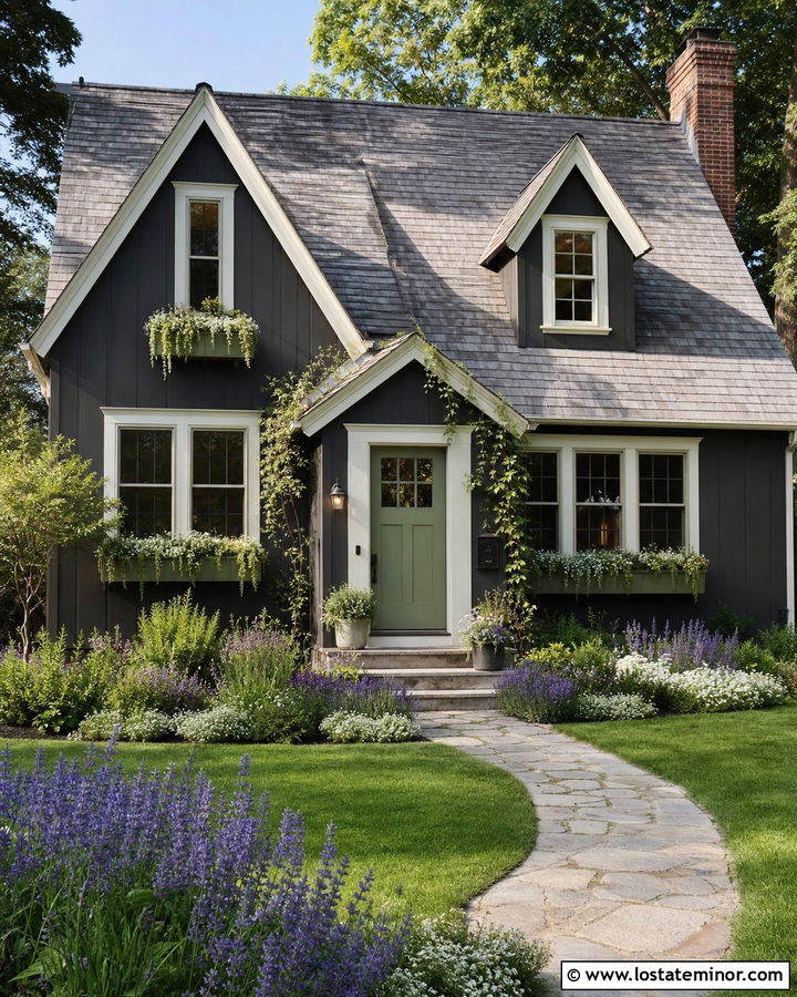 Charcoal Grey Cottage With Sage Green Window Boxes - 30 Charcoal Grey House Design With Window Boxes Ideas