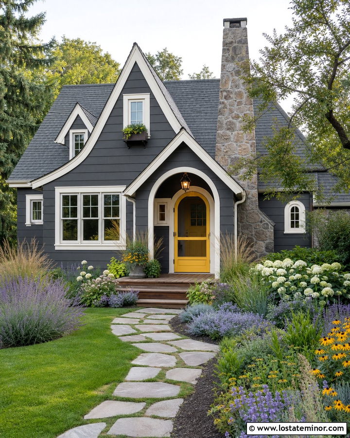 Charcoal Grey Cottage With Yellow Screen Door - 30 Charcoal Grey House Design With Screen Door Ideas