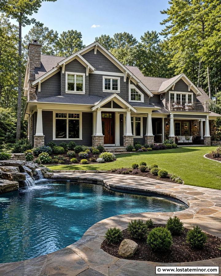 Charcoal Grey Craftsman House With Freeform Pool - 30 Charcoal Grey House Design With Swimming Pool Ideas