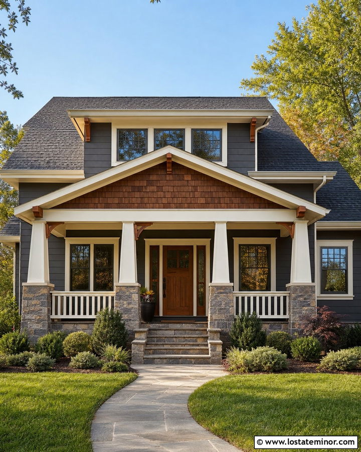 Charcoal Grey Craftsman House With Gable Front Porch - 30 Charcoal Grey House Design With Front Porch Ideas