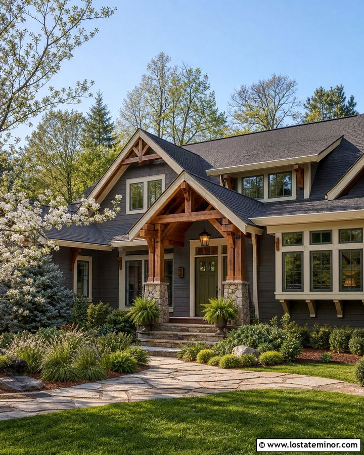 Charcoal Grey Craftsman House With Green Door Portico - 30 Charcoal Grey House Design With Portico Ideas