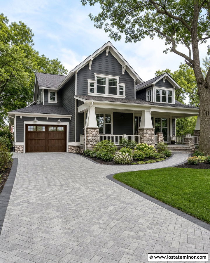 Charcoal Grey Craftsman House With Paver Driveway - 30 Charcoal Grey House Design With Driveway Ideas