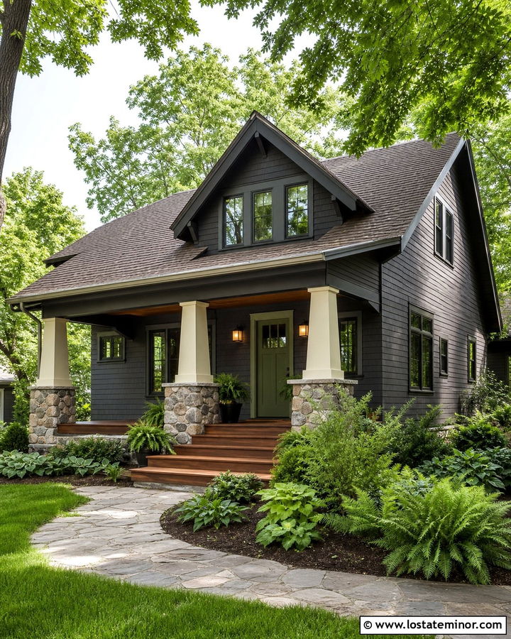 Charcoal Grey Craftsman House With Sage Green Front Porch - 30 Charcoal Grey House Design With Front Porch Ideas