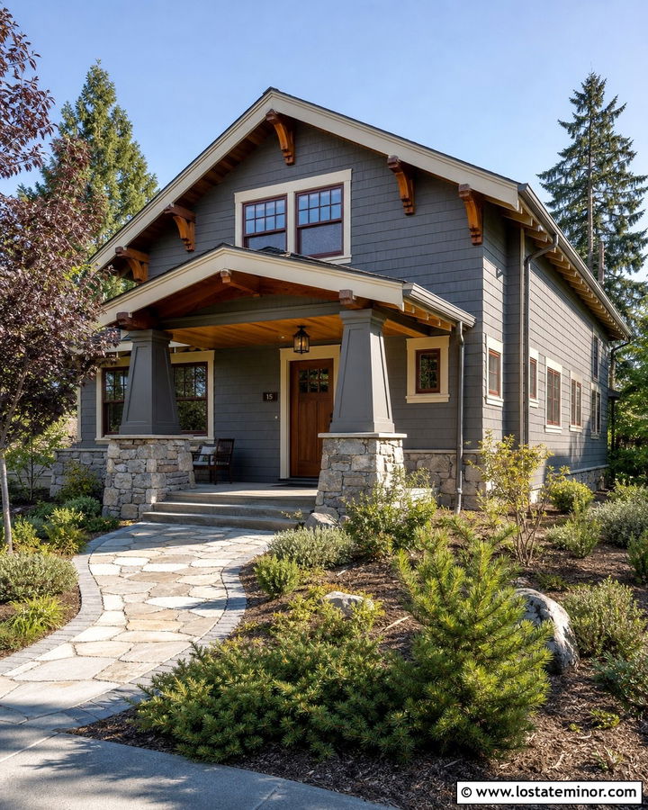 Charcoal Grey Craftsman House With Stone Column Portico - 30 Charcoal Grey House Design With Portico Ideas
