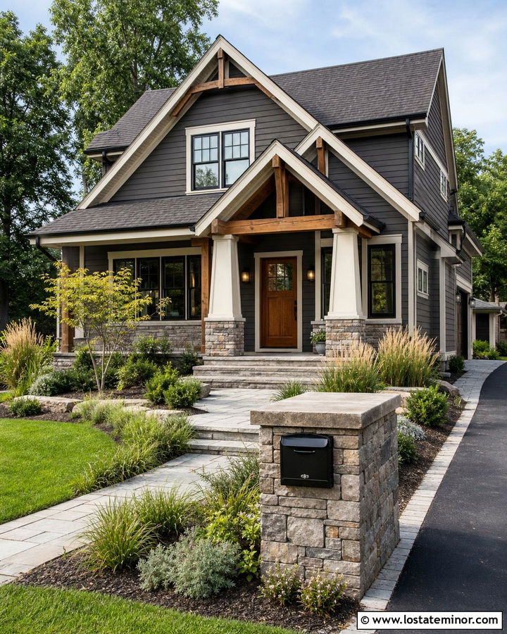 Charcoal Grey Craftsman House With Stone Mailbox - 30 Charcoal Grey House Design With Mailbox Ideas