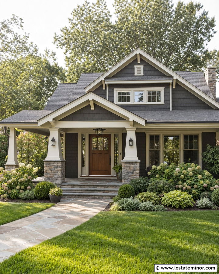 Charcoal Grey Craftsman House With Stone Porch Columns - 30 Charcoal Grey House Design With Front Porch Ideas