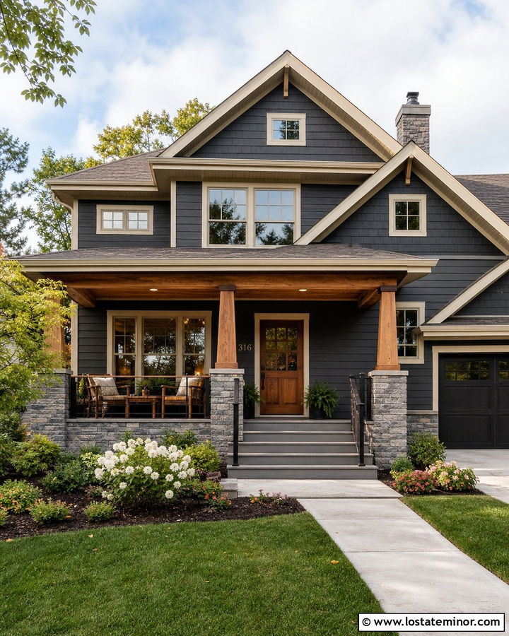 Charcoal Grey Craftsman House With Stone - 30 Charcoal Grey House Design With Stone Accents Ideas