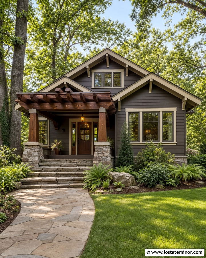 Charcoal Grey Craftsman House With Timber Pergola - 30 Charcoal Grey House Design With Pergola Ideas