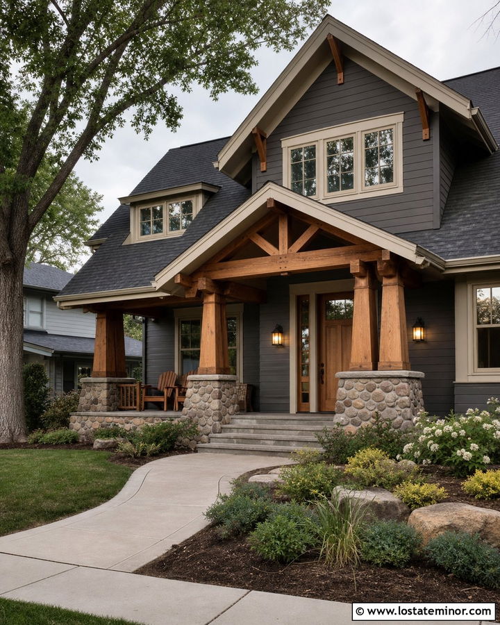 Charcoal Grey Craftsman House With Timber Portico - 30 Charcoal Grey House Design With Portico Ideas