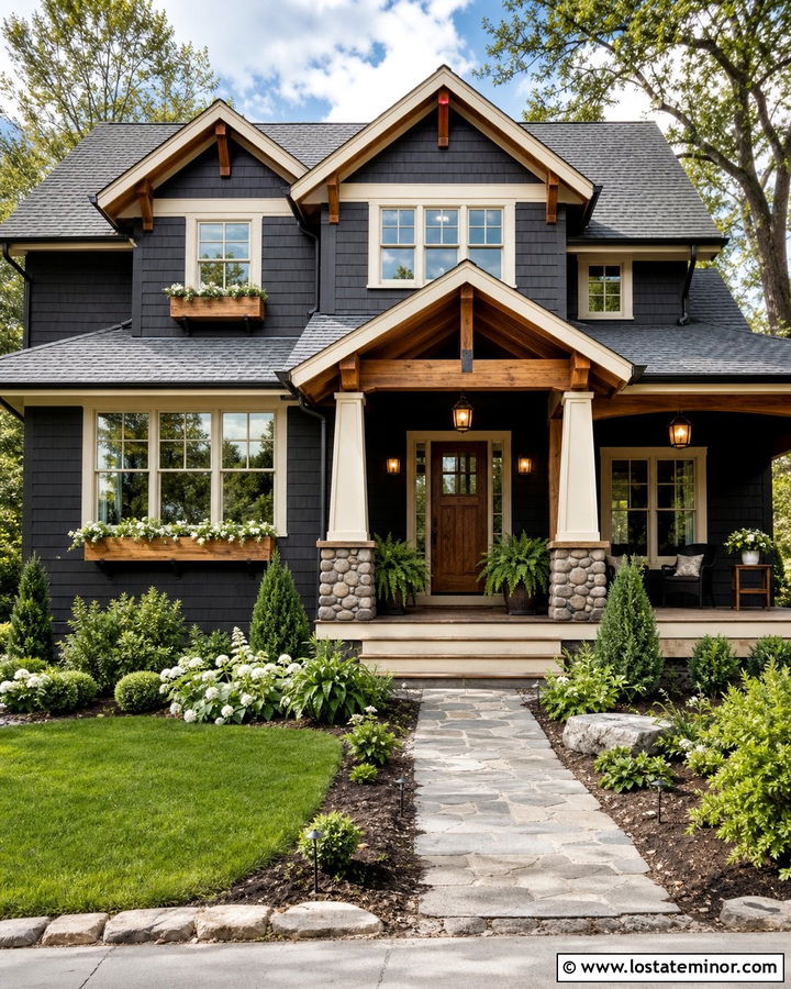 Charcoal Grey Craftsman House With Wood Window Boxes - 30 Charcoal Grey House Design With Window Boxes Ideas