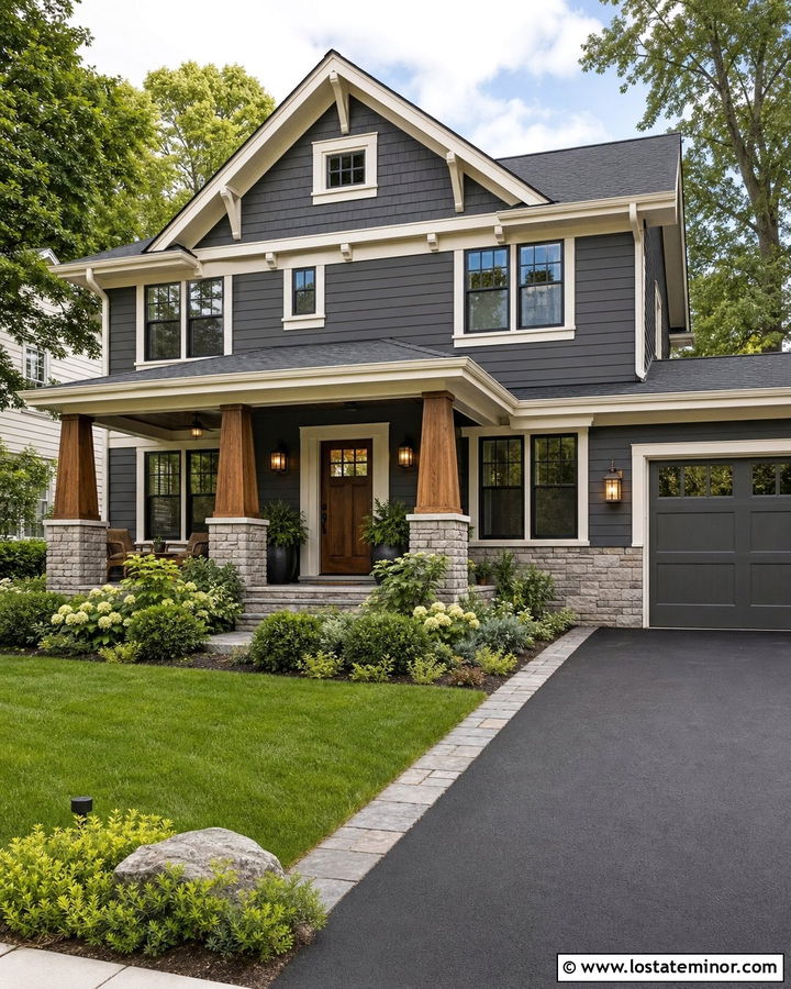 Charcoal Grey Craftsman With Aged Brass Sconces - 30 Charcoal Grey House Design With Light Fixtures Ideas