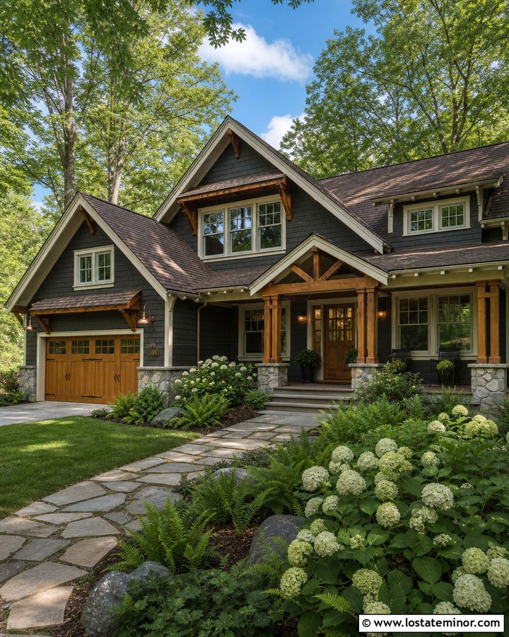 Charcoal Grey Craftsman With Cedar Bracket Awning - 30 Charcoal Grey House Design With Awning Ideas