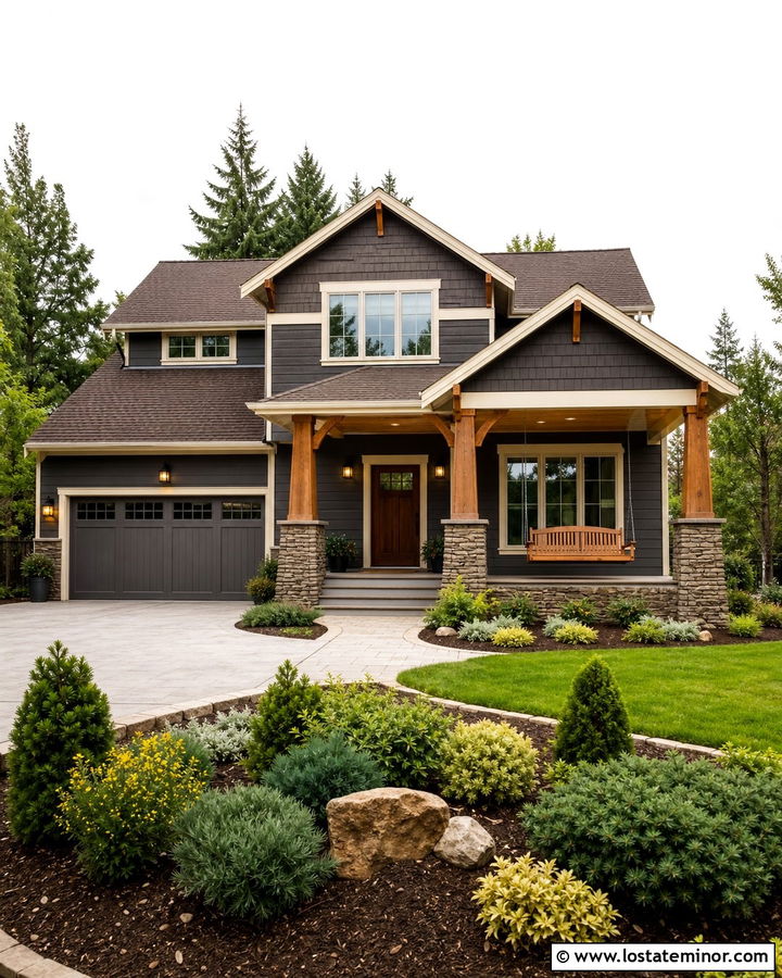 Charcoal Grey Craftsman With Cedar Porch Swing - 30 Charcoal Grey House Design With Swing Ideas