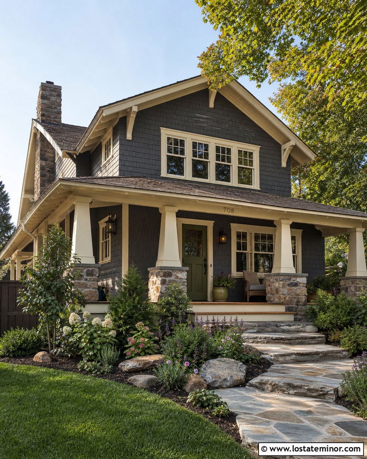 Charcoal Grey Craftsman With Cream Window Frames - 30 Charcoal Grey House Design With Window Frames Ideas