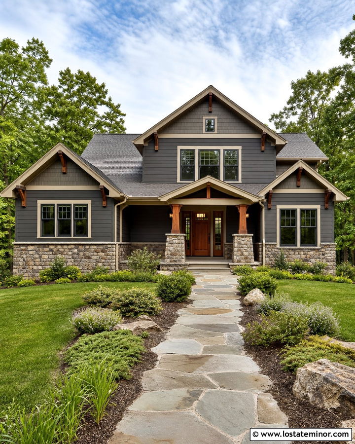 Charcoal Grey Craftsman With Fieldstone Wainscoting - 30 Charcoal Grey House Design With Wainscoting Ideas