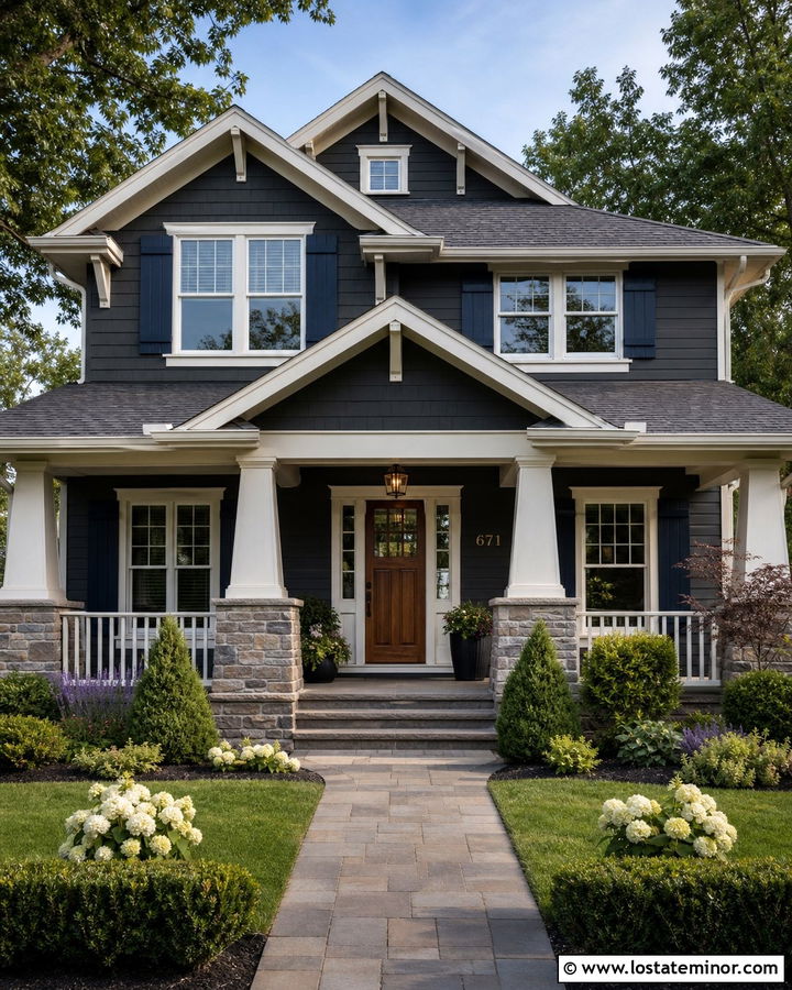 Charcoal Grey Craftsman With Navy Shutters - 30 Charcoal Grey House Design With Shutters Ideas