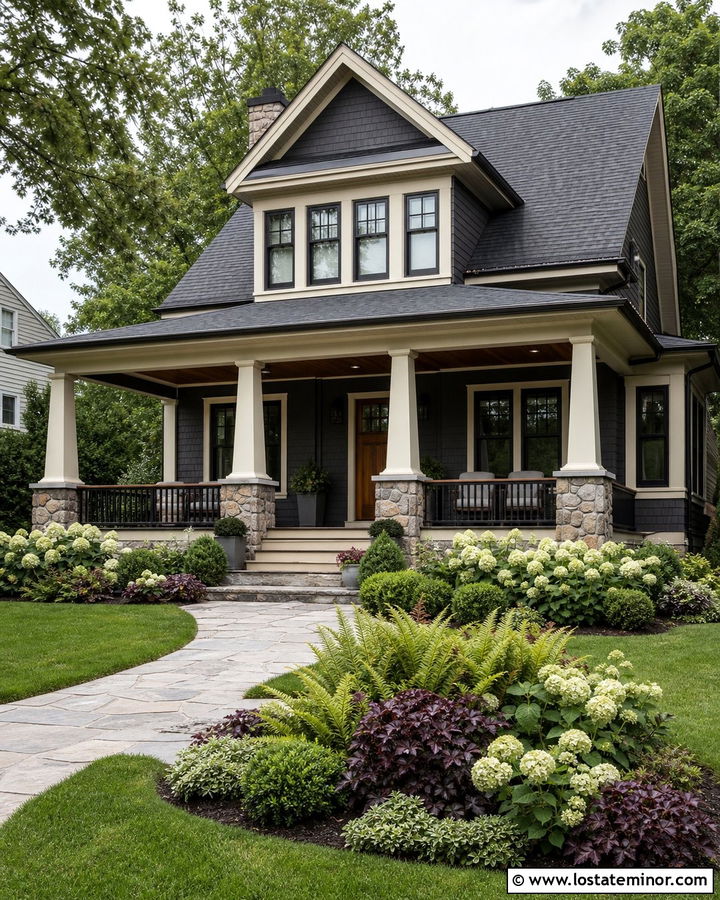 Charcoal Grey Craftsman With Stone Porch And Hydrangeas - 30 Charcoal Grey House Design With Front Yard Ideas