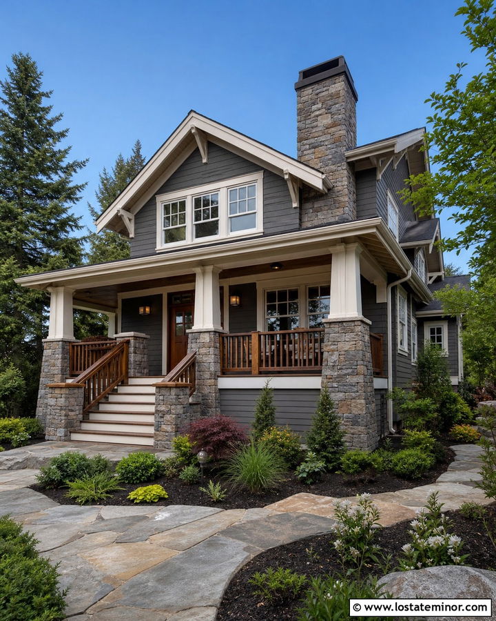 Charcoal Grey Craftsman With Tapered Stone Chimney - 30 Charcoal Grey House Design With Chimney Ideas