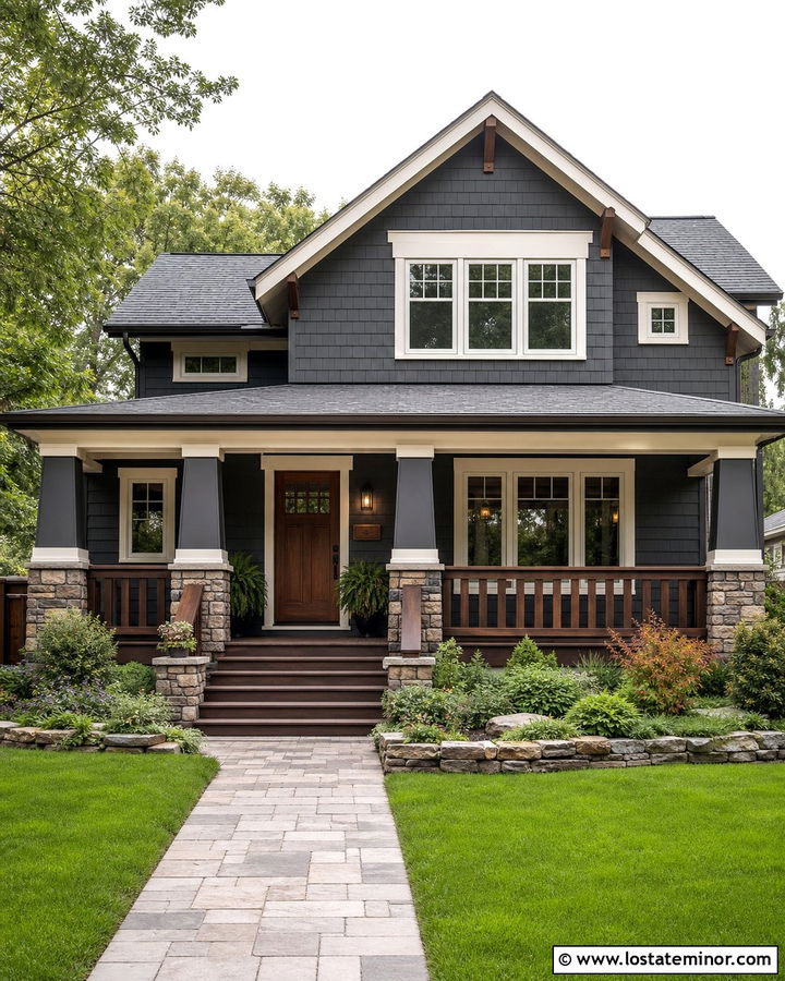 Charcoal Grey Craftsman With Wood Railings - 30 Charcoal Grey House Design With Railings Ideas