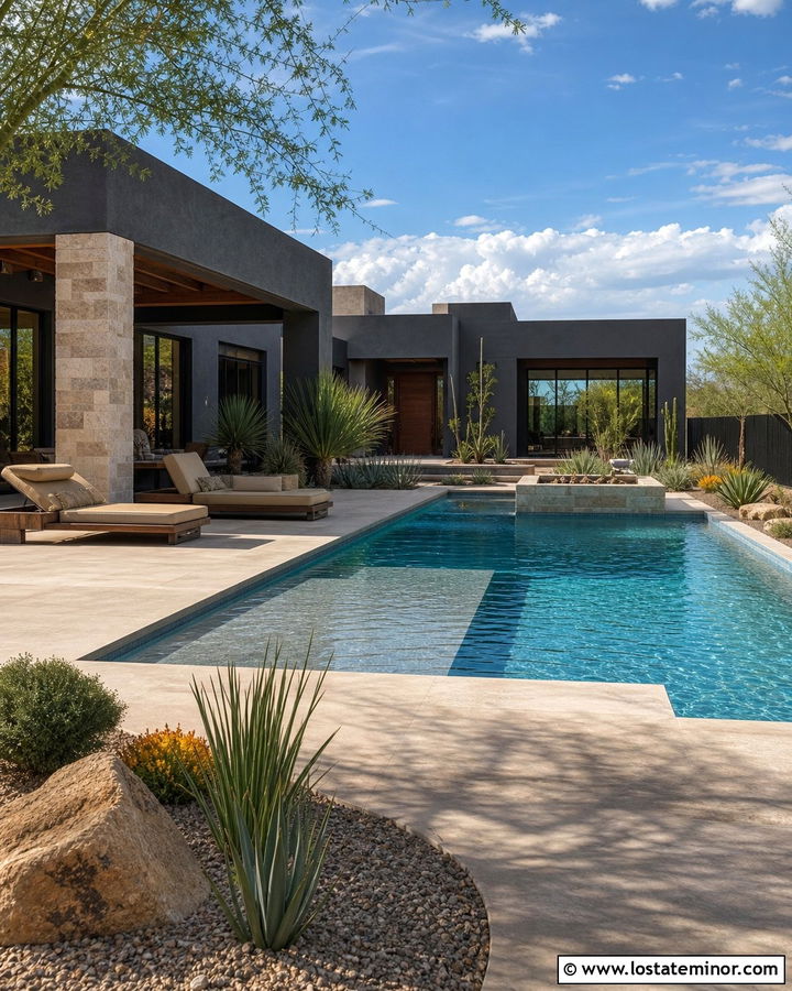 Charcoal Grey Desert House With Baja Shelf Pool - 30 Charcoal Grey House Design With Swimming Pool Ideas