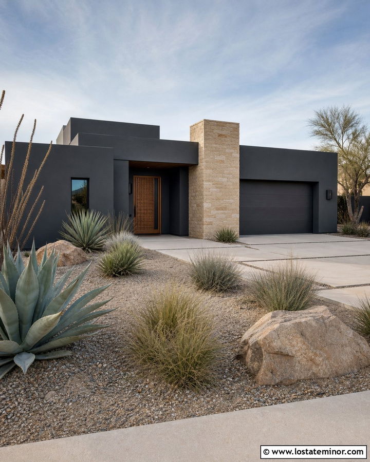 Charcoal Grey Desert House With Copper Screen Door - 30 Charcoal Grey House Design With Screen Door Ideas