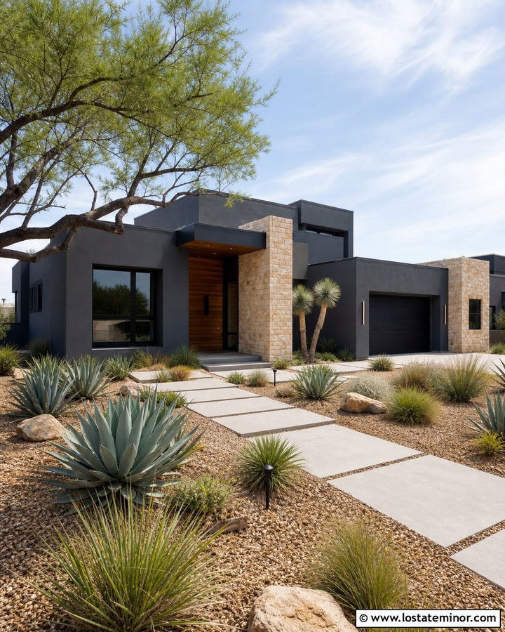 Charcoal Grey Desert Modern House With Agave - 30 Charcoal Grey House Design With Front Yard Ideas