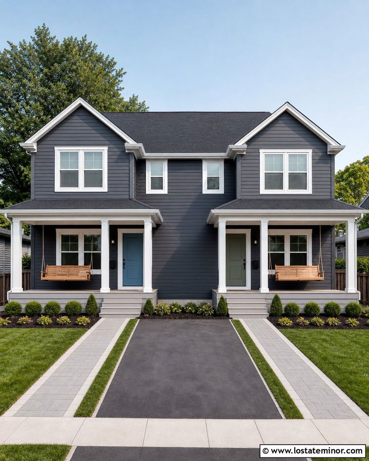 Charcoal Grey Duplex With Matching Swings - 30 Charcoal Grey House Design With Swing Ideas