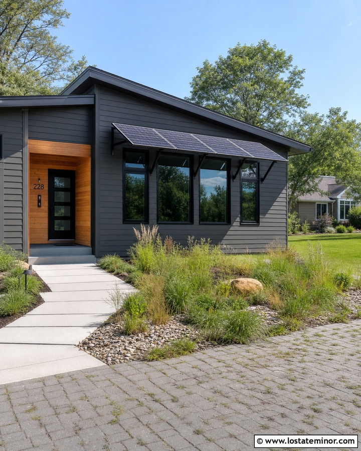 Charcoal Grey Eco House With Solar Awning - 30 Charcoal Grey House Design With Awning Ideas
