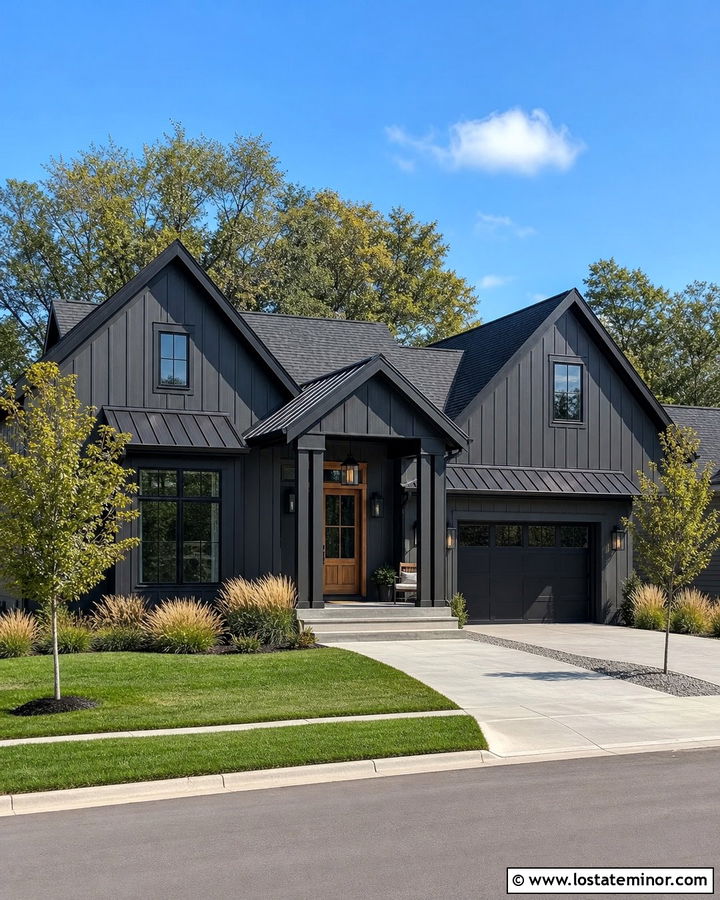 Charcoal Grey Farmhouse With Black Portico - 30 Charcoal Grey House Design With Portico Ideas
