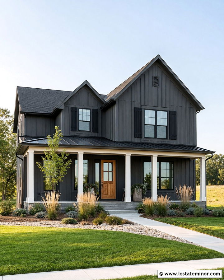 Charcoal Grey Farmhouse With Black Shutters - 30 Charcoal Grey House Design With Shutters Ideas