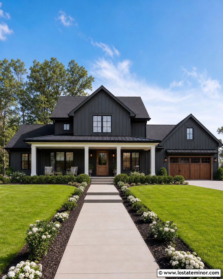 Charcoal Grey Farmhouse With Black Window Frames - 30 Charcoal Grey House Design With Window Frames Ideas