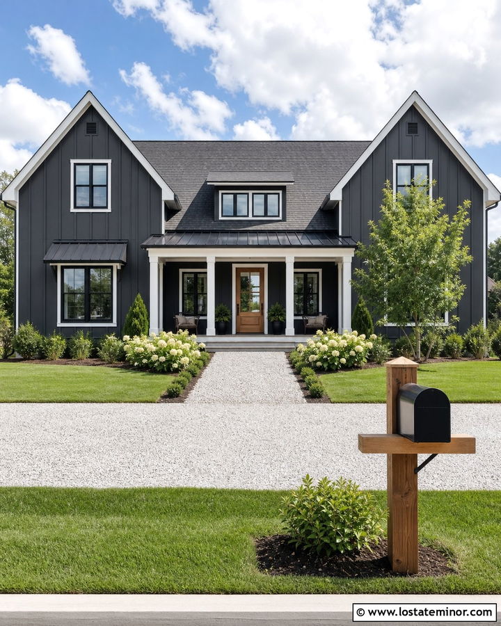 Charcoal Grey Farmhouse With Cedar Mailbox Post - 30 Charcoal Grey House Design With Mailbox Ideas