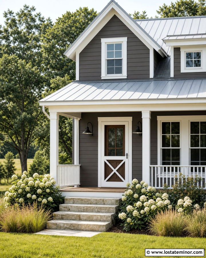 Charcoal Grey Farmhouse With Crossbuck Screen Door - 30 Charcoal Grey House Design With Screen Door Ideas
