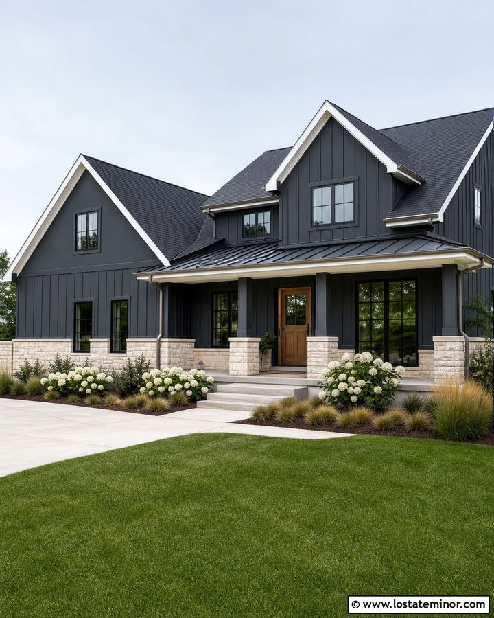 Charcoal Grey Farmhouse With Limestone Wainscoting - 30 Charcoal Grey House Design With Wainscoting Ideas