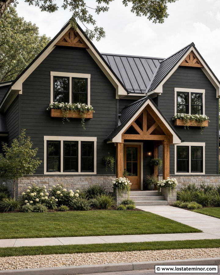 Charcoal Grey Farmhouse With Metal Roof And Wood Window Boxes - 30 Charcoal Grey House Design With Window Boxes Ideas