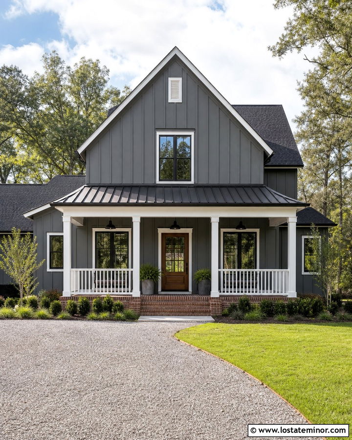Charcoal Grey Farmhouse With Metal Roof Porch - 30 Charcoal Grey House Design With Front Porch Ideas