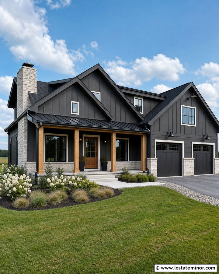 Charcoal Grey Farmhouse With Stone - 30 Charcoal Grey House Design With Stone Accents Ideas